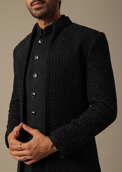 Black Indowestern Set For Grooms Black Indowestern Men, Black Indo Western Dress Men, Black Indo Western Dress, Indowestern Outfits For Men, Engagement Mehendi, Mehendi Wedding, Indo Western Dress For Men, Indowestern Dress, Indo Western For Men