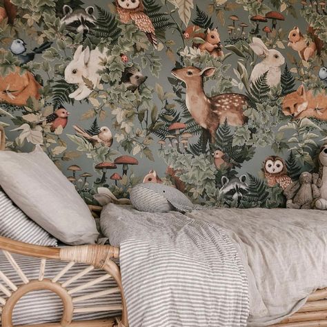 Fleur Harris | A beautiful installation of the Woodlands wallpaper over in New Zealand for little Ralph! The colours in this space are so soothing, and I… | Instagram Woodlands Wallpaper, Jimmy Cricket, Cricket Wallpaper, Eclectic Maximalist Decor, Forest Room, Woodland Wallpaper, Neutral Bedding, Nursery Style, Cricket Wallpapers