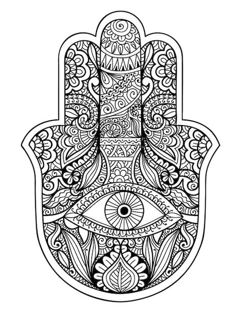 Hamsa Drawing, Evil Eye Mandala, Hand Mandala, Eye Mandala, Mandala Symbols, Hamsa Symbol, Hamsa Design, Hand Symbols, Abstract Coloring Pages