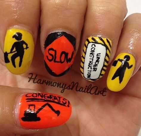 Construction Nail Art, Construction Nails Designs, Truck Nails, Construction Nails, Jasmine Nails, Truck Birthday, Construction Theme, Construction Party, Fabulous Nails