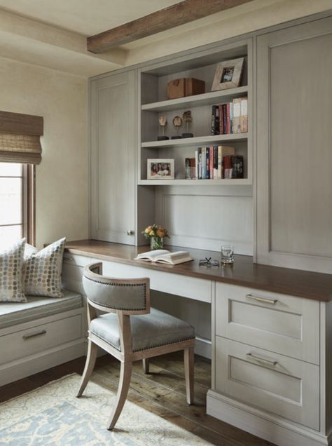 Reading Nook In Office Built Ins, Built In Desk With Bench Seat, Medium Size Home Office, Built In Desk Under Window Home Office, Corner Desk With Cabinets, Corner Desk Next To Bed, Built In Desk With Window Seat, Window Bench With Desk, Built In Desk Between Windows