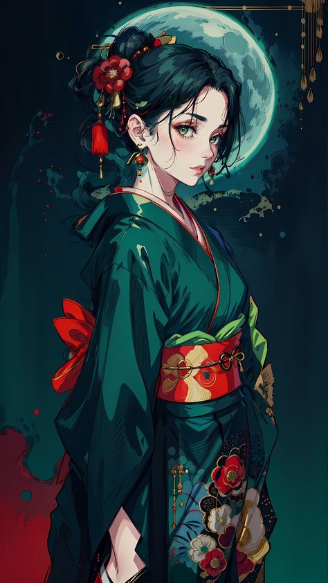 PROMPT: oil portrait, full-body, girl, black hair, black kimono, earrings, japanese clothes, jewelry, kimono, red makeup, green background, green sky, green theme, solo, blue moon Green Kimono Anime, Anime Kimono Outfit, Green Kimono Outfit, Anime Kimono Design, Kimono Earrings, Kimono Hairstyle, Girl Black Hair, Black Hair Green Eyes, Genshin Oc