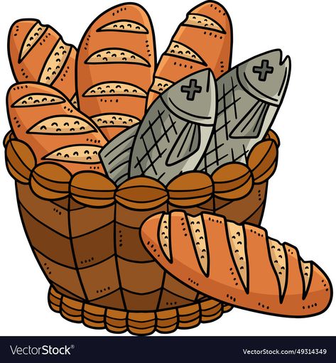 Five Loaves And Two Fish, Bread Clipart, Loaves And Fishes, Fish Cartoon, Pic Art, Bible Journaling Ideas Drawings, Cartoon Clipart, Fish Illustration, Two Fish