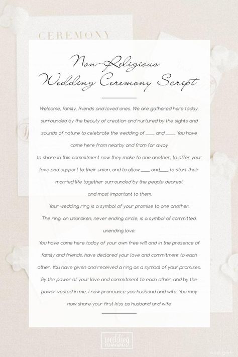 Wedding Ceremony Script For Each Wedding Type (Updated List For 2019) ★ See more: https://www.weddingforward.com/wedding-ceremony-script Wedding Officiant Script Funny, Simple Wedding Ceremony Script, Wedding Ceremony Script Funny, Secular Wedding Ceremony, Non Religious Wedding Ceremony, Wedding Ceremony Outline, Secular Wedding, Wedding Ceremony Scripts, Ceremony Outline