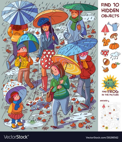 People With Umbrellas, Find The Difference Pictures, Hidden Picture Games, Find The Hidden Objects, Russian Language Lessons, Picture Puzzle, Funny Cartoon Characters, Character Vector, Hidden Pictures