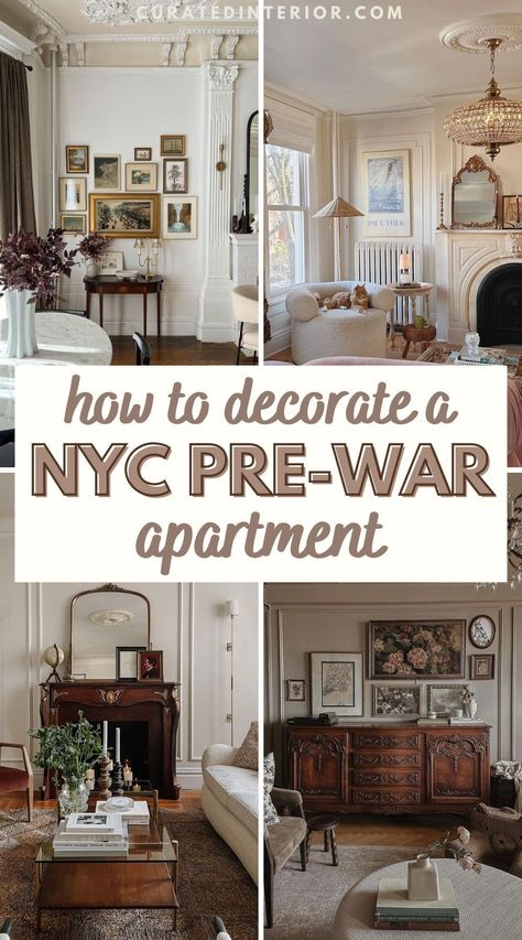 Love old school New York? This guide for decorating a pre-war NYC apartment will inspire you! With vintage furniture and wall molding, you can design the perfect historical charm NYC pre-war apartment no matter where you live! Old New York Aesthetic Interior, Prewar Nyc Apartment, 1950s Apartment New York, New York Design Interior, Prewar Apartment New York Living Room, Nyc Vintage Apartment, 1940s Apartment New York, Decorating Old Apartments, Old New York Apartment Interiors