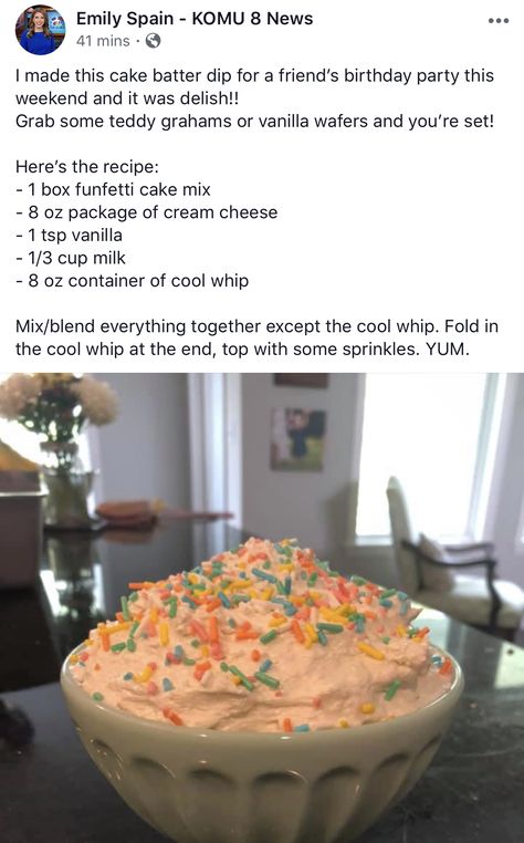 Funfetti dip Confetti Dip Recipe, Fun Fetti Dip, Funfetti Cake Dip Recipe, Funfetti Dip With Yogurt, Funfetti Cake Dip, Birthday Cake Dip, Funfetti Dip With Vanilla Pudding, Confetti Cake Dip, Funfetti Dip Recipe