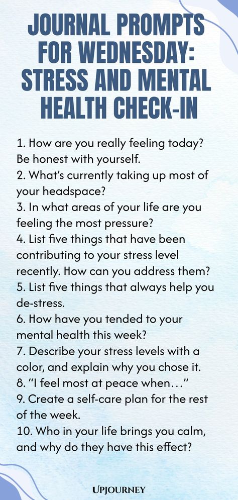 Discover insightful journal prompts for Wednesday focused on stress and mental health check-in. Explore self-reflection and promote wellness with these thought-provoking prompts. Take time to connect with your thoughts and emotions, prioritizing your mental well-being. Utilize these prompts to foster inner growth and nurture your mind-body connection. Embrace this opportunity for self-care and introspection as you navigate the challenges of the week ahead. Journaling can be a powerful tool for u Mental Health Check In, 100 Journal Prompts, Mental Health Questions, Work Etiquette, Psychology Terms, Relationship Quizzes, Counseling Worksheets, Journal Questions, Body Connection