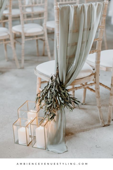 Italian romance like no other with this seductively elegant aisle style! Wedding ceremony styled at Home Farm Barns, Hampshire, UK. #stylemywedding #weddingdecor #italianinspired #elegantwedding #chairdecor Ceremony Chairs Wedding, Wedding Ceremony Pew Decorations, Green Wedding Ceremony Decor, Sage Green Outdoor Wedding Ceremony, Ceremony Chair Decorations, Elegant Aisle Decor, Sage Wedding Ceremony, Sage Green Wedding Chairs, Classic Chic Wedding Decor