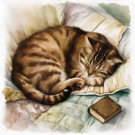 Brown Tabby Cat Sleeping - Watercolor Vision Studio Brown Tabby Cat Drawing, Brown Tabby Cat, Big Cats Drawing, Brown Tabby, Waterfall Photo, Cat With Blue Eyes, Brown Cat, Curious Cat, Lowbrow Art