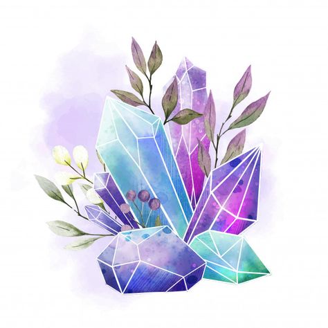 Watercolor gems, crystals and leaves, ha... | Premium Vector #Freepik #vector #watercolor Crystals Art Drawing, Watercolor Gem, Crystals Watercolors, Crystal Illustration, Gem Drawing, Crystal Drawing, Gems Crystals, Arte Inspo, Watercolor Inspiration