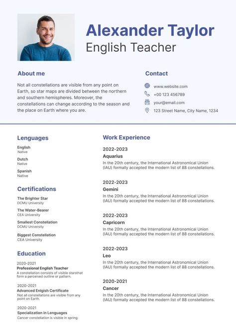 Professional Simple Alexander Taylor English Teacher Resume Teacher Cv, Menu Maker, Presentation Maker, Qr Code Generator, Teacher Resume Template, Invitation Maker, Photo Collage Maker, Social Media Schedule, Teacher Resume