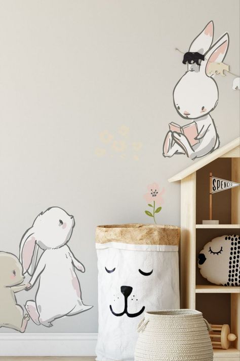 Decorating a nursery is one of the most exciting things to do while expecting a baby. It’s very important to make your baby’s room cozy and comfortable. Our beautiful bunny wall decals can become a perfect decorative piece for a minimalistic room. These cute bunny friends will cheer up your little one and create a friendly atmosphere in the room. Bunny Mural Nursery, Bunny Gender Neutral Nursery, Bunny Wall Decals, Spring Themed Nursery, Nursery Room Wall Art, Baby Girl Bunny Nursery, Nursery Bunny Theme, Bunny Themed Bedroom, Bunny Themed Room