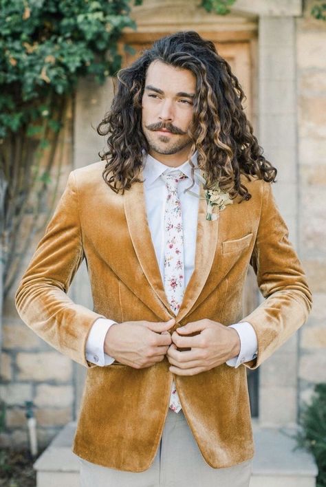 Non Traditional Wedding Tuxedos, Unconventional Groom Attire, Floral Groom Suit, Colorful Mens Suits, Gold Groom Suit, Unique Groom Attire, Groom Fashion, Velvet Wedding, Tailored Suit