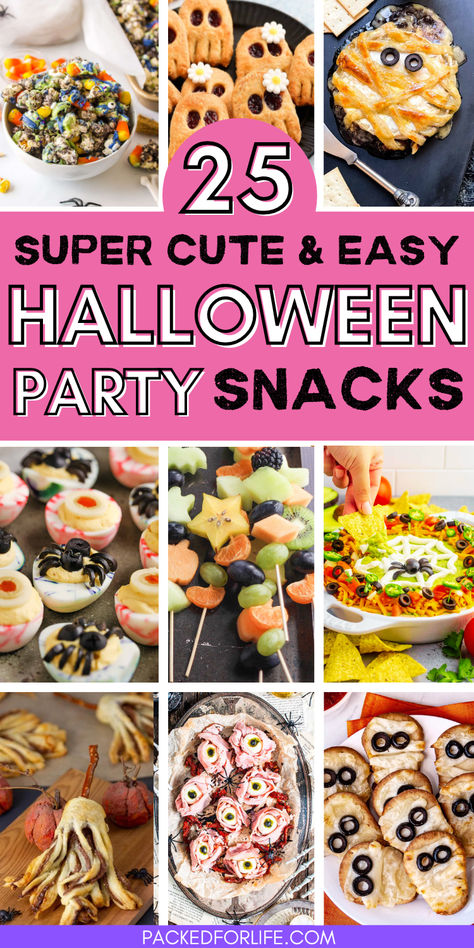 A collage of fun Halloween party food ideas, with a variety of cute and easy Halloween finger foods like spooky fruit skewers, mummy mini pizzas, monster-themed popcorn, and other creative snack options for a Halloween celebration. Kids Halloween Party Snack Ideas, Halloween Kid Snacks Party Ideas, Fun Easy Halloween Treats, Fun Halloween Appetizers Easy, Toddler Halloween Food Ideas, Easy Halloween Food Ideas For Kids, Halloween Kids Snack Ideas, Kid Halloween Food Ideas, Halloween Potluck Snacks