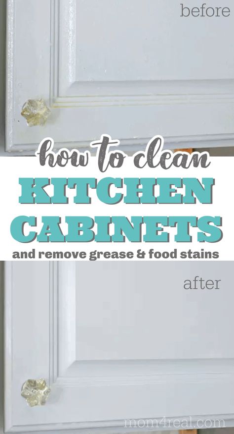 Over time your kitchen cabinets can get dirty, and accumulate grease and food stains. Let me show you how to clean kitchen cabinets and remove grease with just a few simple ingredients and in a short amount of time. This easy kitchen cabinet cleaning method works for wood cabinets and painted cabinets too! Best Way To Clean White Cabinets, Kitchen Cabinet Cleaning, How To Clean Kitchen Cabinets, How To Clean Kitchen, Cabinet Cleaner, Kitchen Degreaser, Cleaning Grease, Laminate Kitchen Cabinets, Diy Cabinet Doors