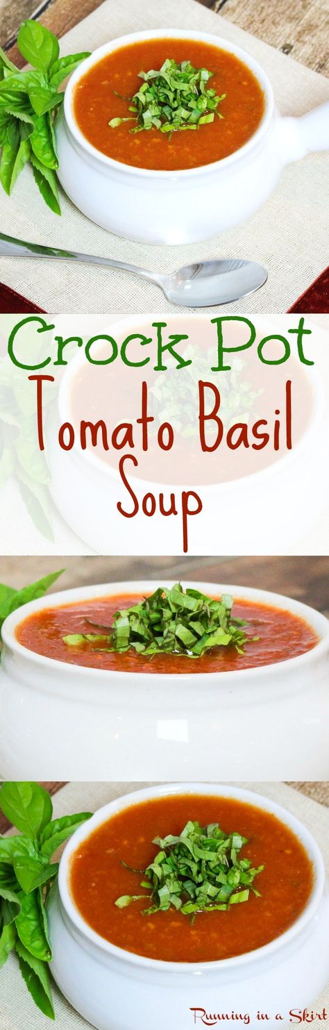 Easy Vegetarian Crock Pot Tomato Basil Soup Gourmet Soups, Soup In A Crock Pot, Mcdougall Diet, Basil Soup Recipe, Tomato Basil Soup Recipe, Healthy Crock Pot, Creamy Tomato Basil Soup, Basil Soup, Tomato Basil Soup