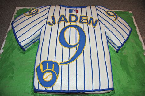 Baseball Jersey Cake, Birthday And Graduation Party Ideas, Baseball Wedding Shower, Baseball Glove Cake, Jersey Birthday Cake, Birthday And Graduation Party, Jersey Cake, Kid Cakes, Milwaukee Brewers Baseball