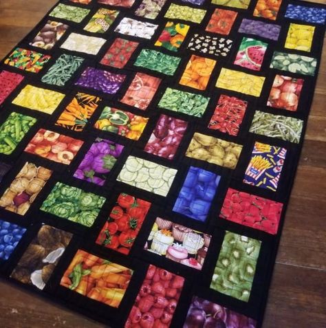 A Quilt Finish: Food Quilt | Jo's Country Junction Food Quilt Patterns, Food Fabric Quilts, Canning Quilt, Canning Jar Quilt, Food Quilt, Vegetable Fabric, Jar Quilt, Finish Food, I Spy Quilts