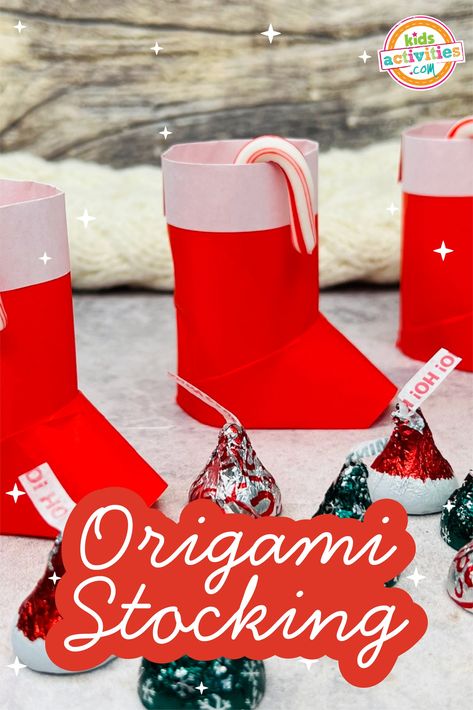 If you like Christmas tree origami ornaments, you will have so much fun making an origami Christmas stocking. Just follow the step by step instructions to make your very own origami stocking craft. Paper Christmas Stocking, Paper Stockings Craft, Paper Stocking Craft, Paper Stocking, Christmas Origami For Kids, Origami Xmas, Origami Christmas Ornament, Origami Ornaments, Christmas Scavenger Hunt