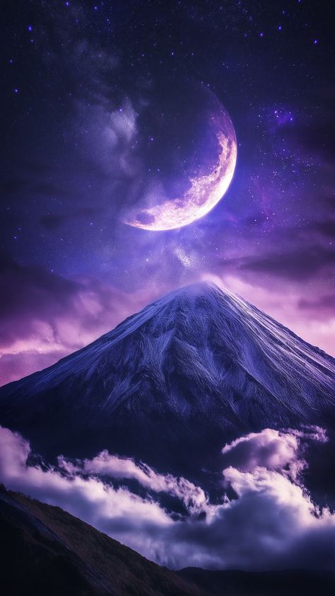 free 4K wallpapers clouds, mountains, moon, stars, purple for mobile and desktop Wallpapers Clouds, Clouds Mountains, Moon Stars, Moon, Wallpapers, Stars, Purple