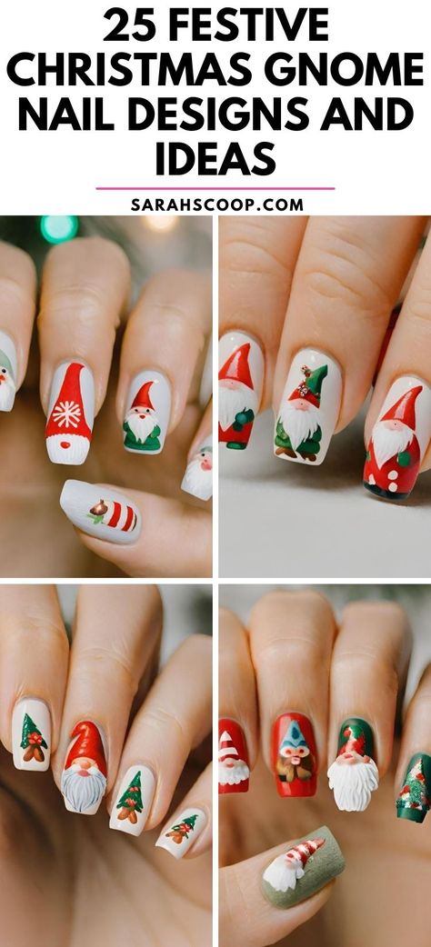 Get into the festive spirit with these adorable Christmas gnome nail designs that are sure to turn heads! 🎄💅 #nailinspo #christmas #gnomes Christmas Nomes Nails Art, Christmas Gnome Nail Ideas, Christmas Gnomes Nail Designs, Christmas Gnome Gel Nails, Xmas Gnome Nails, Xmas Gonk Nails, Gnome Holiday Nails, Christmas Gnomes Nail Art, Christmas Elf Nail Art