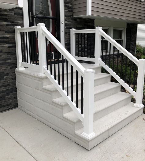 Photo Gallery - Precast Concrete Steps and Iron/Vinyl Railing Back Door Steps With Railing, Front Steps Remodel, Front Door Railing Ideas, Railing For Front Steps, Railings For Concrete Steps, Cement Stairs Makeover Front Porch, Concrete Stair Railing Outdoor, Front Steps Railing, Diy Front Steps