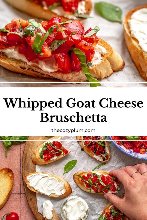 This goat cheese bruschetta is a super easy but impressive appetizer recipe, perfect for your next Summer party or any weeknight dinner! Toasted baguette slices get topped with creamy goat cheese spread and a flavorful mixture of tomatoes, garlic, and basil with a balsamic reduction. Goat Cheese And Tomato Dip, Goat Cheese Tomato Appetizer, Goat Cheese Baguette Appetizer, Whipped Goat Cheese Crostini, Easy Goat Cheese Appetizer, Goat Cheese Appetizer Easy, Toast Goat Cheese, Recipes With Goat Cheese, Goat Cheese Toast