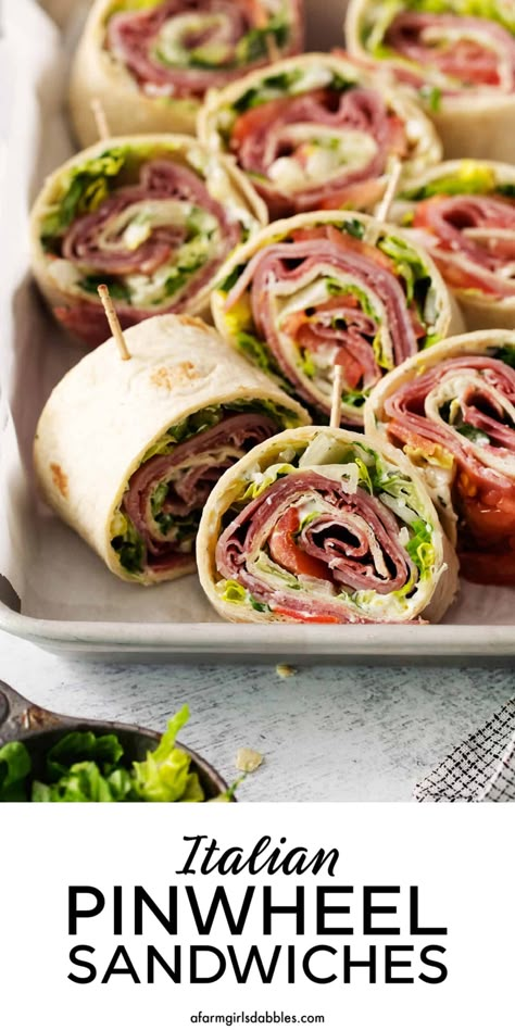 These easy Italian Pinwheel Sandwiches are big on flavor, with three kinds of meat, fresh veggies, and a tasty cream cheese spread. Serve these light-yet-hearty little sandwiches as an appetizer or a fun meal, or pack them up for lunches or picnics! Appetizer Recipes Sandwiches, Best Sandwiches For A Party, Italian Sandwich Pinwheels, Easy Italian Pinwheels, Mini Sandwiches For Parties Kids, Easy Lunches To Pack For Work, Healthy Easy Recipes Lunch, Easy Sandwich Wraps, Fancy Mini Sandwiches