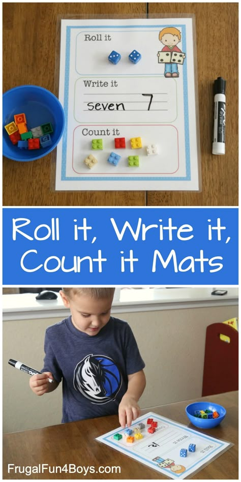 Roll it, Write it, Count It Mats! This is such a fun math activity for preschool and kindergarten. Practice counting and writing numbers. Class Jobs, Fun Math Activities, Kindergarten Math Activities, Kindergarten Ideas, Homeschool Kindergarten, Math Activity, Kindergarten Learning, Unschooling, Writing Numbers