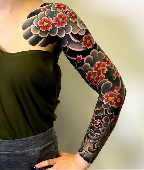 Japanese tattoo sleeve by @tattooer_ryuhon. #japaneseink #japanesetattoo #irezumi #tebori #colortattoo #colorfultattoo #cooltattoo… Japanese Tattoo Women Sleeve, Japanese Tattoo Sleeve, Traditional Japanese Tattoo Sleeve, Traditional Hand Tattoo, Mangas Tattoo, American Traditional Tattoo Ideas, Japanese Flower Tattoo, Traditional Tattoo Ideas, Full Sleeve Tattoo Design