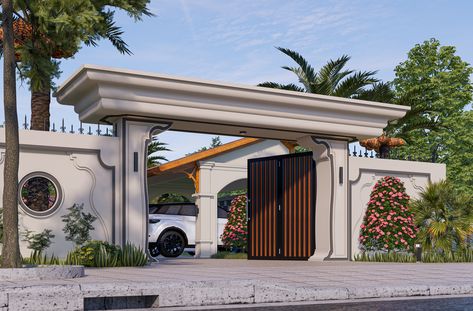 Villa Boundary Wall, Villa Gate Design, House Front Compound Wall Design, Entrance Gates Design Architecture, Entrance Gates Design Architecture Front Entry, Luxury Gate Entrance, Boundary Gate Design, Boundary Wall Design Exterior, Gate Design Modern Entrance