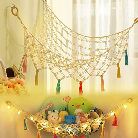 Amazon.com: LICKLIP Corner Stuffed Animal Hammock with LED Light, Boho Macrame Toy Hammock with Colorful Tassels, Corner Plush Toy Net Holder, Hanging Net Storage Organizer for Nursery Play Room Bedroom Small : Baby Net To Hold Stuffed Animals, Toddler Room Organization, Animal Hammock, Toy Corner, Stuffed Animal Net, Stuffed Animal Holder, Stuffed Animal Hammock, Hanging Net, Led Star Lights