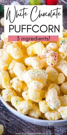 White Chocolate Puffcorn is a quick and easy sweet, salty and delicious snack! Simply melt your white chocolate chips and white almond bark, toss the puffcorn in it and let it cool. Add holiday… More Chocolate Puff Corn, Popcorn Desserts, Puffed Corn Recipes, Grab Snacks, Puff Corn, Almond Bark Recipes, Popcorn Recipes Easy, Chocolate Puff, White Chocolate Popcorn