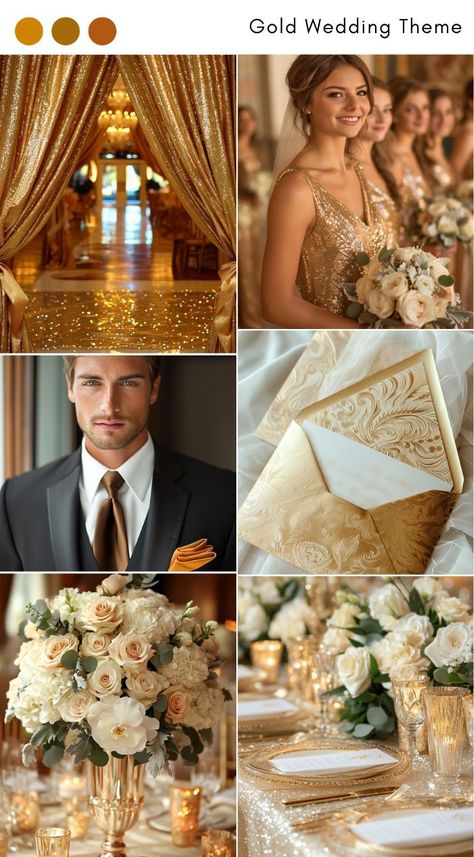 Gold wedding theme ideas for a luxurious, elegant celebration. Gold And Silver Wedding Theme, Extravagant Invitations, Golden Hour Wedding Theme, Wedding Colors With Gold, Brown And Gold Wedding Theme, Gold And Champagne Wedding, Champagne Wedding Colors Scheme, Gold Wedding Theme Ideas, Champagne And Gold Wedding