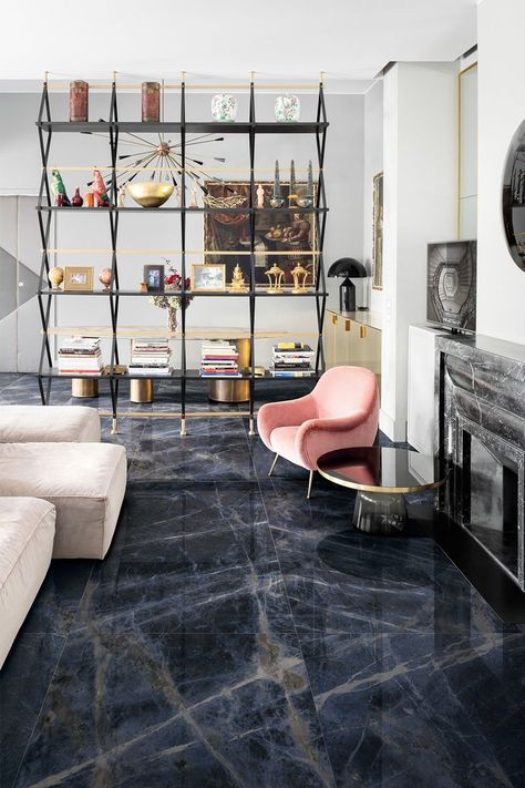 Marble Floor Living Room, Black Marble Floor, Black And White Interior, Marble Flooring, Calacatta Gold, Tiles Design, Marble Floor, Blue Marble, Hospitality Design