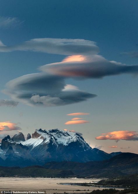 The cloud formations were snapped in the skies over Chile's Torres Del Paine National Park Lenticular Clouds, Alien Spacecraft, Torres Del Paine National Park, Cloud Formations, Weather Cloud, Wild Weather, Natural Phenomena, Sky And Clouds, Beautiful Sky