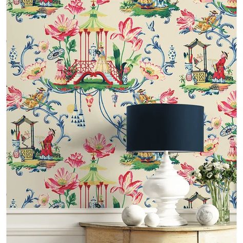 Trinx Harrison Howard East Of The Moon & Reviews | Wayfair Harrison Howard Wallpaper, Colorful Chinoiserie, Harrison Howard, Wall Style, Fabric Wall Decor, Drops Patterns, Chinoiserie Wallpaper, Chinoiserie Chic, Peel Stick Wallpaper