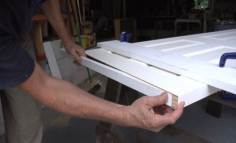 Builder Rick Arnold demonstrates how to make a clean cut and how to add blocking to fill the hole you've just made in the bottom of the hollow door. Hollow Core Door, Metal Doors Exterior, Hollow Core Doors, Diy Handyman, Veneer Door, The Hollow, Home Fix, Door Repair, Flooring Ideas