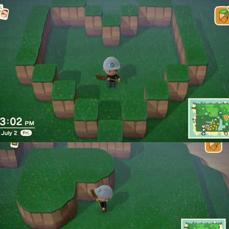 How To Make A Heart Pond In Acnh, Animal Crossing Heart Island, Heart Shaped Pond Acnh, Acnh Heart Pond Tutorial, Pathways Ideas Walkways Animal Crossing, Acnh Bridge Code, Animal Crossing Cliff Top Ideas, Acnh Island Cliff Designs, Heart River Animal Crossing