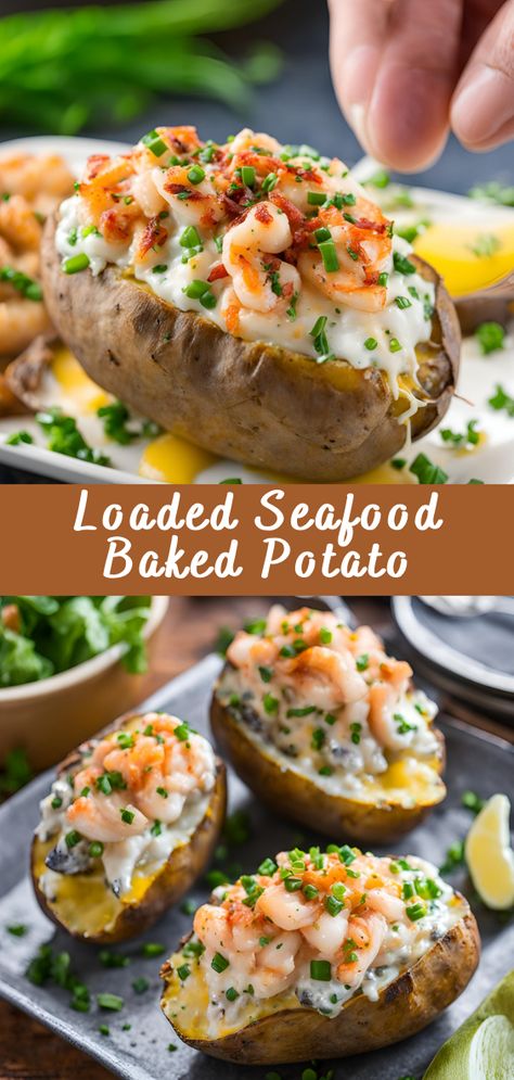 Loaded Seafood Baked Potato | Cheff Recipes Gourmet Baked Potato, Salmon Loaded Baked Potato, Shrimp Loaded Potato, Loaded Seafood Baked Potato Recipe, Seafood Twice Baked Potatoes, Seafood Baked Potato, Loaded Cajun Seafood Baked Potato, Seafood Medley, Canned Seafood