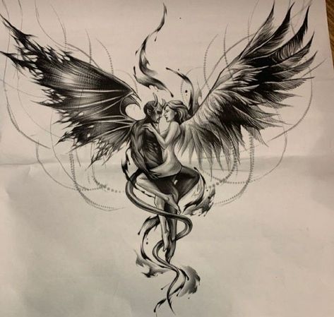 Angel Demon Tattoo, Dark Angel Tattoo, Angel Back Tattoo, Angel Devil Tattoo, Tattoo Angel, Angel Demon, Devil Tattoo, Demon Tattoo, Wicked Tattoos