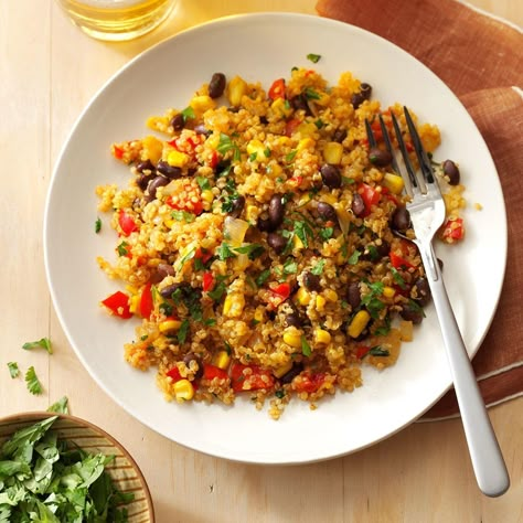 Some vegan quinoa recipes are boring, but this one definitely isn't. My daughter’s college asked parents for the best quinoa recipes to use in the dining halls. This healthy quinoa recipe fits the bill. —Lindsay McSweeney, Winchester, Massachusetts Chicken Quinoa Recipes, Best Quinoa Recipes, Quinoa Recipes Dinner, Vegan Quinoa Recipes, Quinoa Recipes Healthy, Beans And Corn, Black Bean Corn, Quinoa Recipe, Dairy Free Dinner