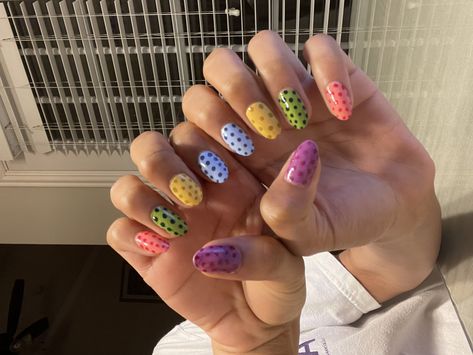 multicolored polka dot nails Spotty Nails, Nails Polka Dots, Colored French Tips, Almond Shaped Nails, Polka Dot Nail Art, Dot Nails, Shaped Nails, Polka Dot Nails, Almond Shape Nails