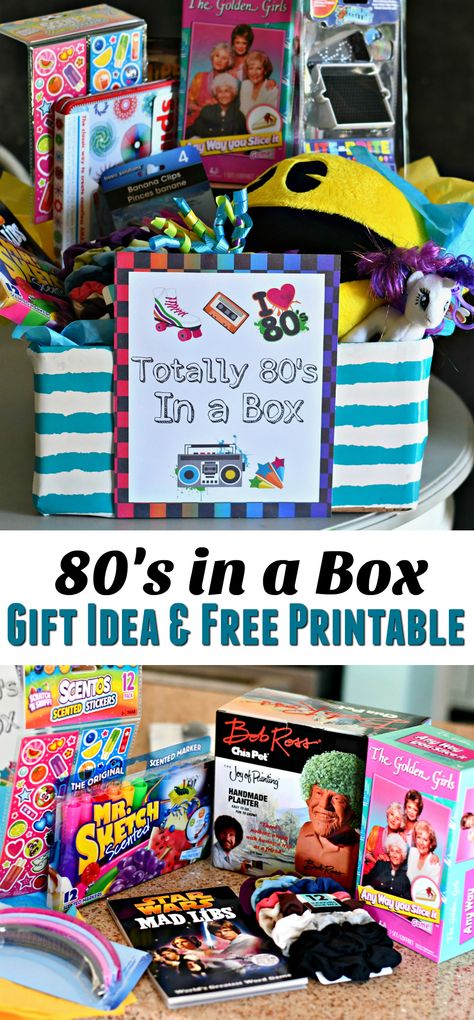 Totally 80s in a Box Gift Idea (Free Printable Included) 80s Gifts Ideas, 80s Gift Ideas, 80s Crafts Ideas, 90s Gift Basket Ideas, 80s Gift Basket Ideas, 80s Printables Free, 80s Gift Bag Ideas, 90s Gift Basket, 80s Theme Auction