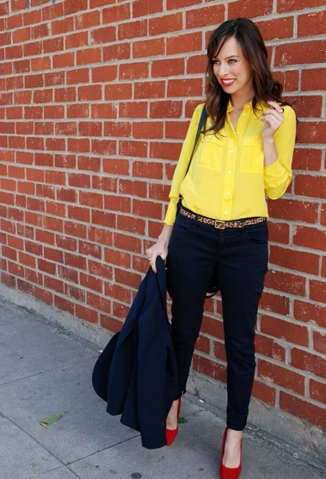 15 Shiny Spring Outfit Ideas for Working Ladies - It seems like winter has overstayed and it is time to say farewell and to welcome spring since it is already approaching. Spring seems to be the most ... - - Get More at: http://www.pouted.com/15-shiny-spring-outfit-ideas-for-working-ladies/ Yellow Blouse Outfit, Yellow Shirt Outfit, Yellow Outfit, Yellow Shirt, Yellow Shirts, Yellow Blouse, Blouse Outfit, Business Casual Outfits, Red Shoes