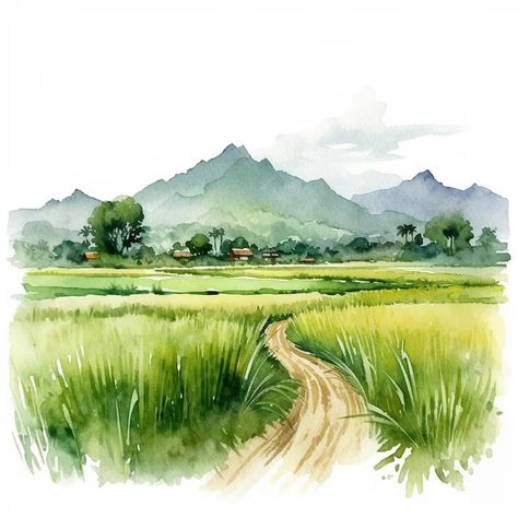 Premium Photo | Watercolor painting of rice fields Rice Field Illustration, Rice Field Painting, Watercolor Field, Fantasy Logo, Rice Field, Field Painting, Art Commissions, Rice Fields, Art Workshop