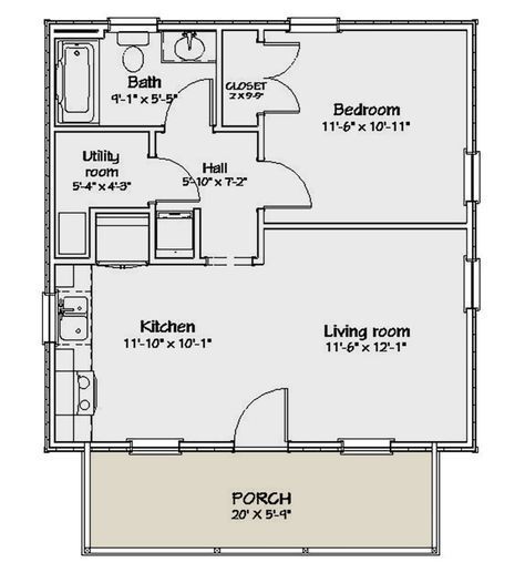 Cottage Plan: 576 Square Feet, 1 Bedroom, 1 Bathroom - 1502-00022 Bunkhouse Cabin, 800 Sq Ft House, Mother In Law Cottage, Cottage Floor Plan, One Bedroom House Plans, 1 Bedroom House Plans, Spec House, House Plans For Sale, One Bedroom House