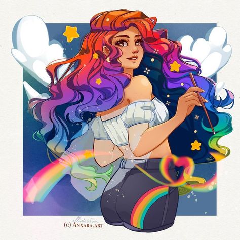 Rainbow Hair Character, Red Hair Don't Care, Summer Illustration, Create Drawing, Magical Art, Art Contest, Rainbow Art, Character Sheet, Rainbow Hair