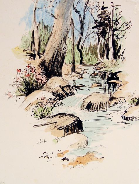 Pen and ink with watercolor wash of a forest stream, circa 1970. Unsigned. On… Simple Watercolor Sketches, Art Sketches Ideas Creative Sketchbook Pages, Nature Simple Drawing, Ink And Wash Watercolors, Ink With Watercolor, Stream Water, Sketch Simple, Easy Tattoo, Poses Art